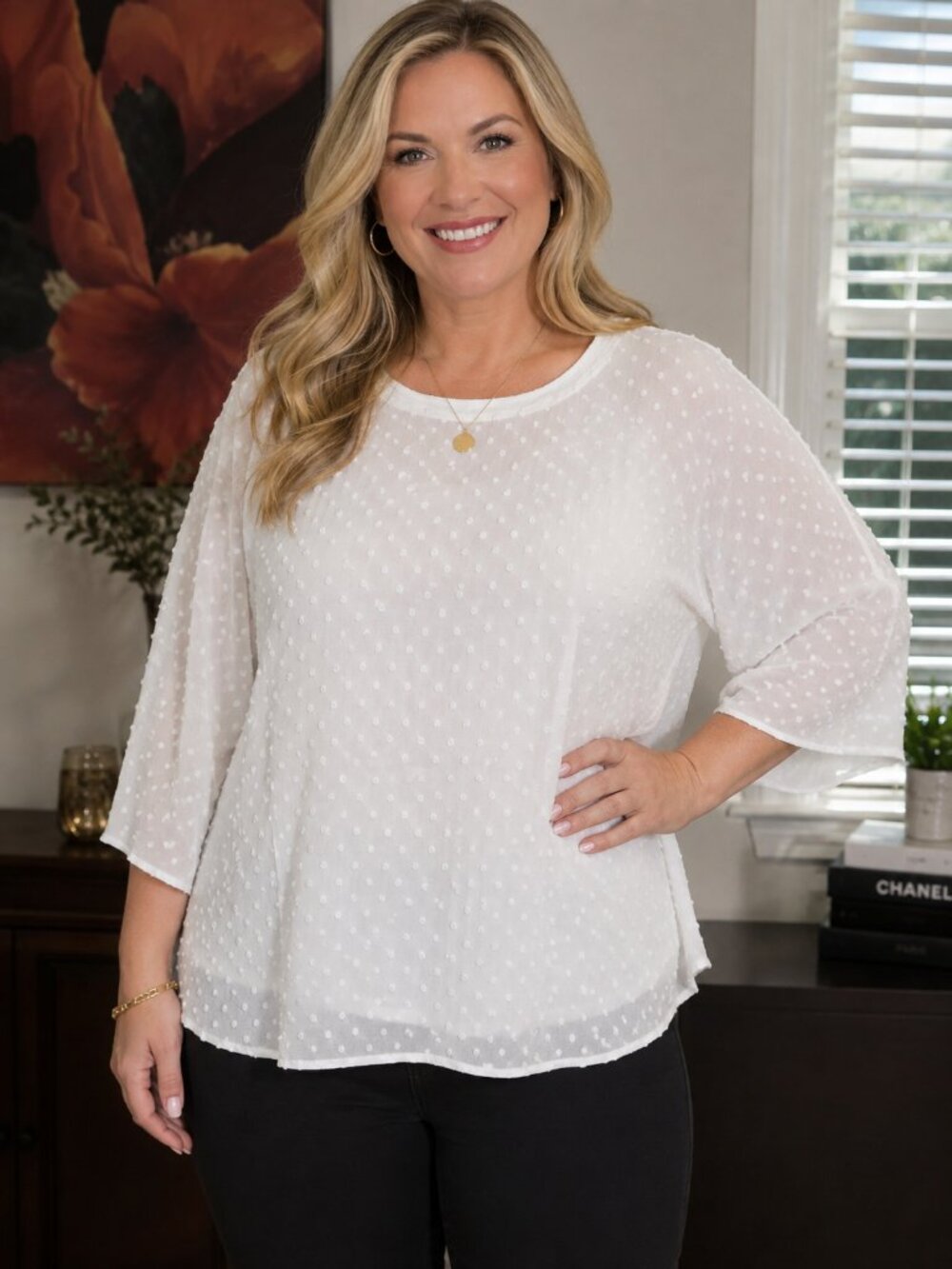 Catherine Malandrino White Swiss Dot Long Sleeve Tee with Sheer Overlay, Size L